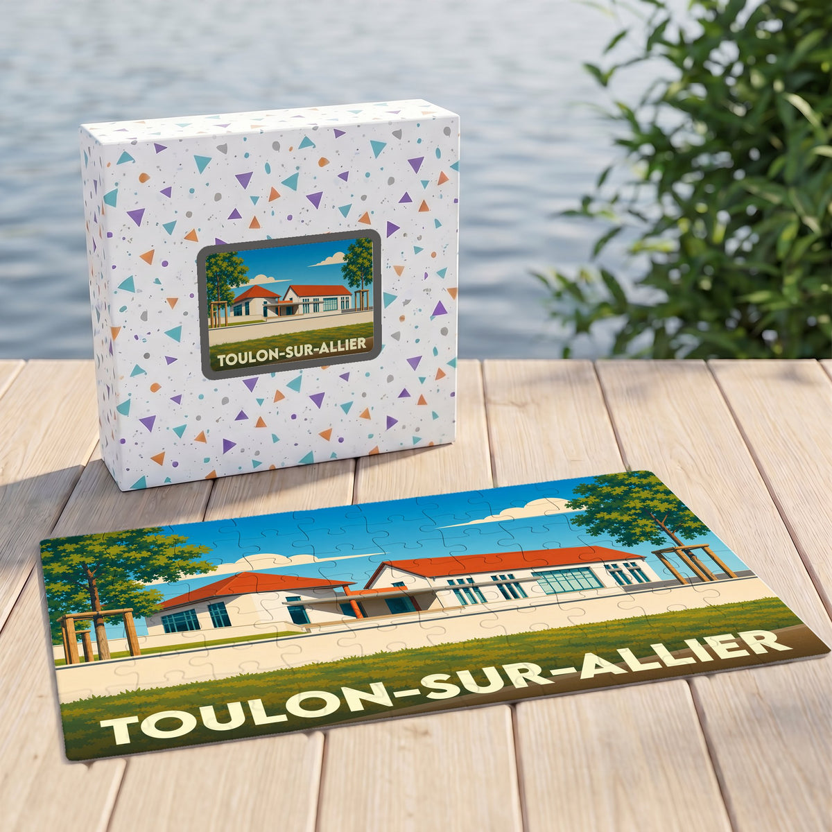 Puzzle souvenir de la ville de Toulon-sur-Allier avec une illustration stylisée.