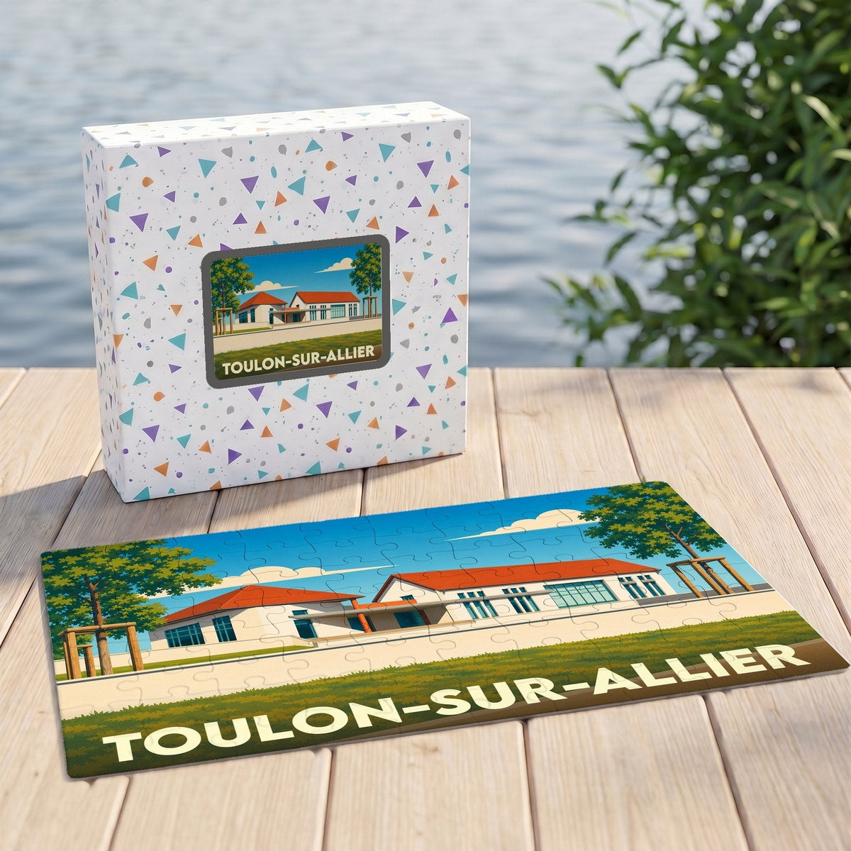 Puzzle souvenir de la ville de Toulon-sur-Allier avec une illustration stylisée.