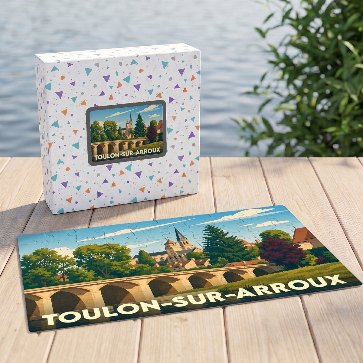 Puzzle souvenir de la ville de Toulon-sur-Arroux illustrant son pont historique et son église dans un style rétro.
