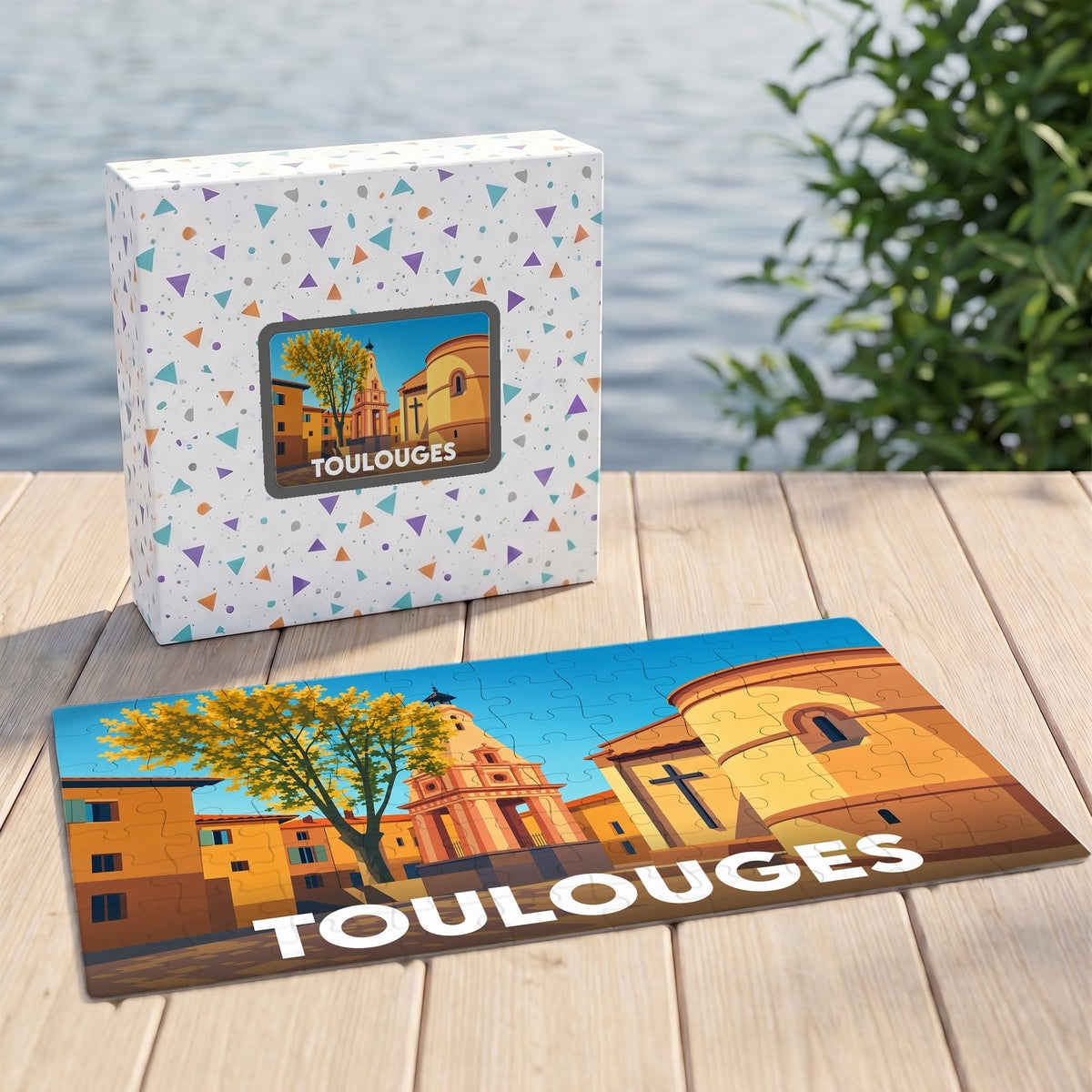 Puzzle souvenir de la ville de Toulouges avec une illustration stylisée et colorée.