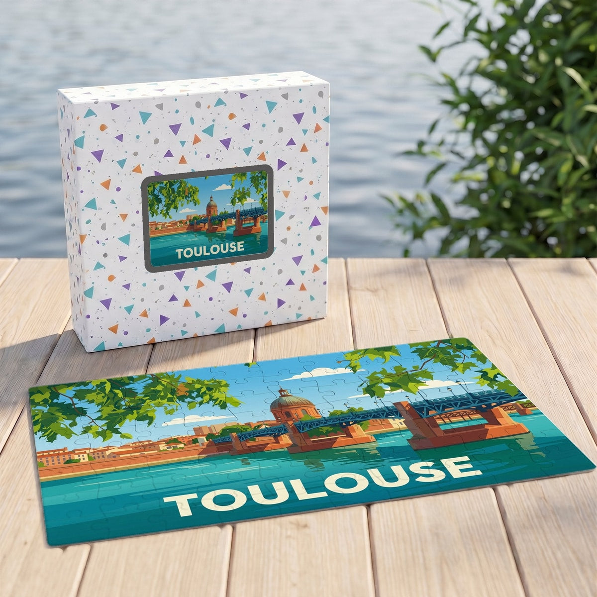 Puzzle souvenir de la ville de Toulouse avec une illustration stylisée du Pont-Neuf et de la Garonne.