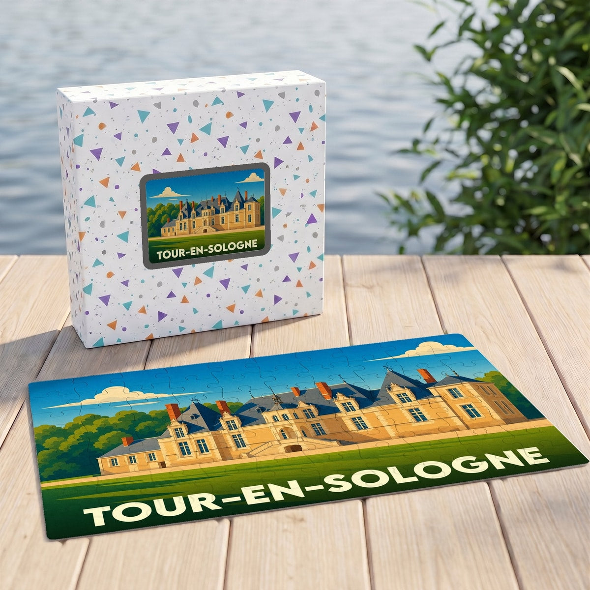 Puzzle souvenir de la ville de Tour-en-Sologne avec une illustration stylisée de son château.