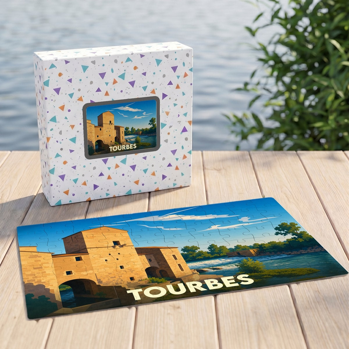 Puzzle souvenir de la ville de Tourbes avec une illustration stylisée d'un bâtiment historique au bord de l'eau.