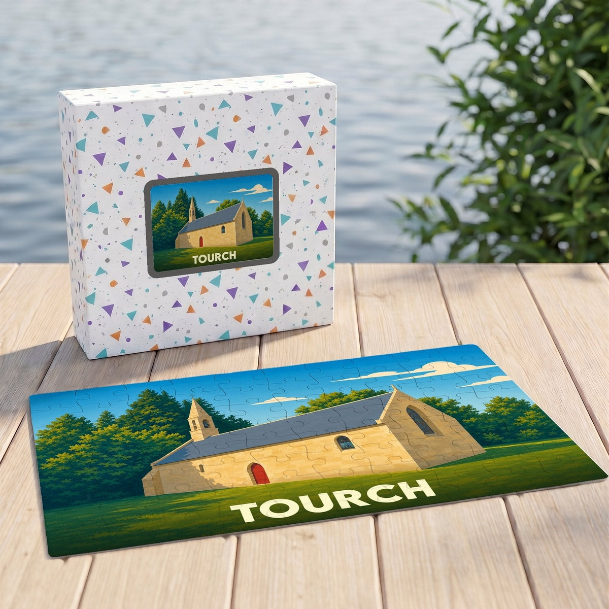 Puzzle souvenir de la ville de Tourch représentant son église avec une illustration stylisée.