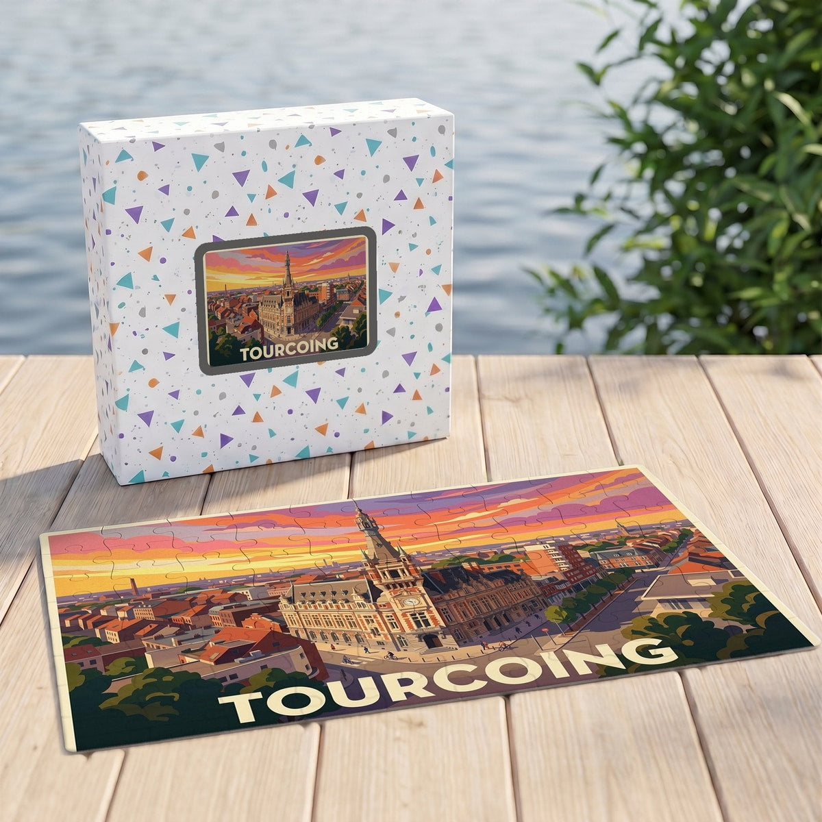 Puzzle souvenir de la ville de Tourcoing présentant une illustration stylisée de son hôtel de ville au coucher du soleil.