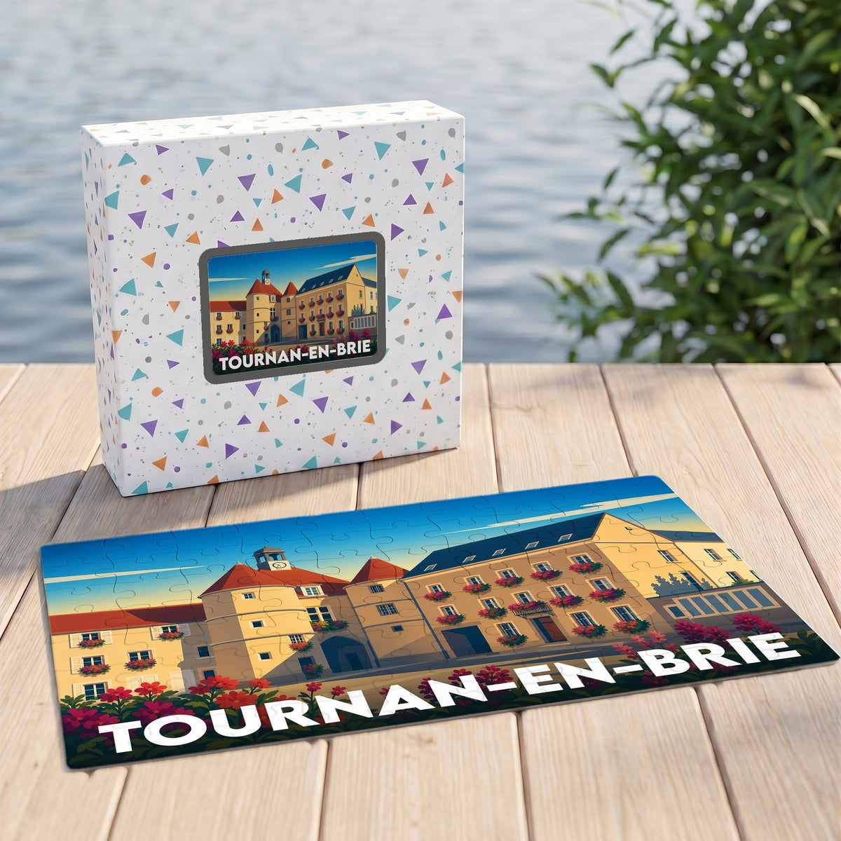 Puzzle souvenir de la ville de Tournan-en-Brie présentant une illustration colorée de l'architecture locale.