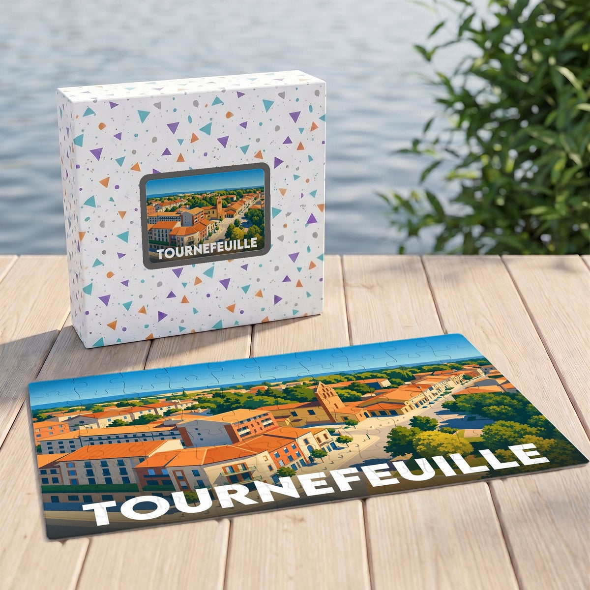Puzzle souvenir de la ville de Tournefeuille avec son emballage et une illustration stylisée du centre-ville.