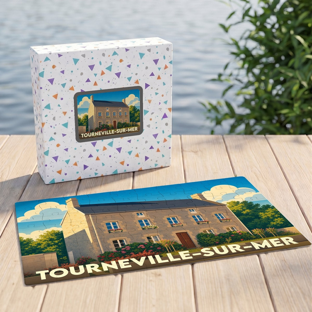 Puzzle souvenir de la ville de Tourneville-sur-Mer avec une illustration stylisée d'une maison côtière.