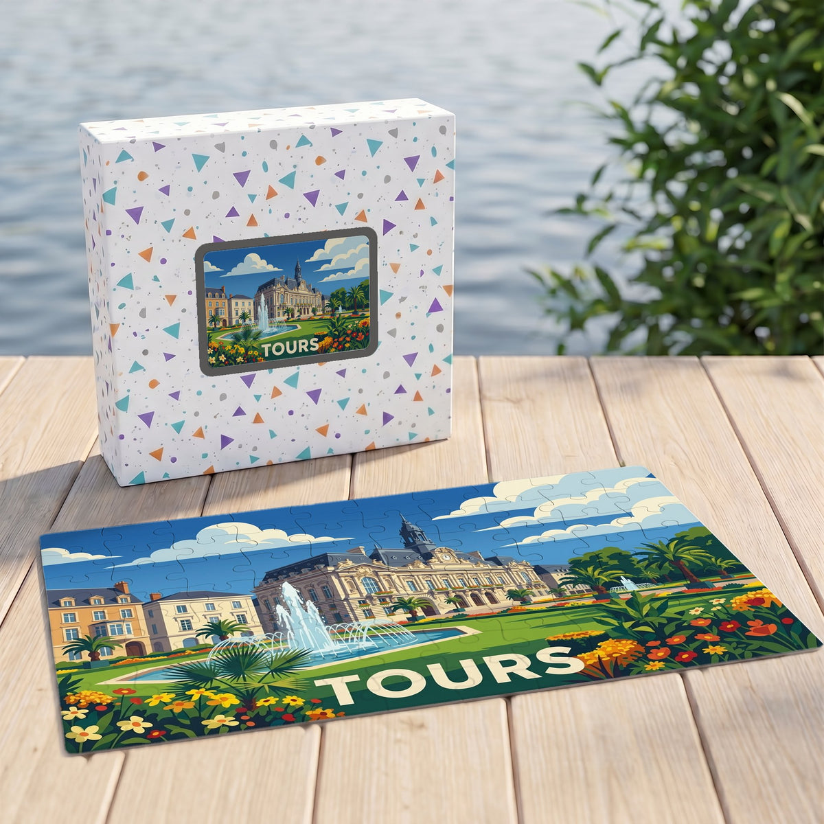 Puzzle souvenir de la ville de Tours avec une illustration stylisée et colorée de son hôtel de ville.