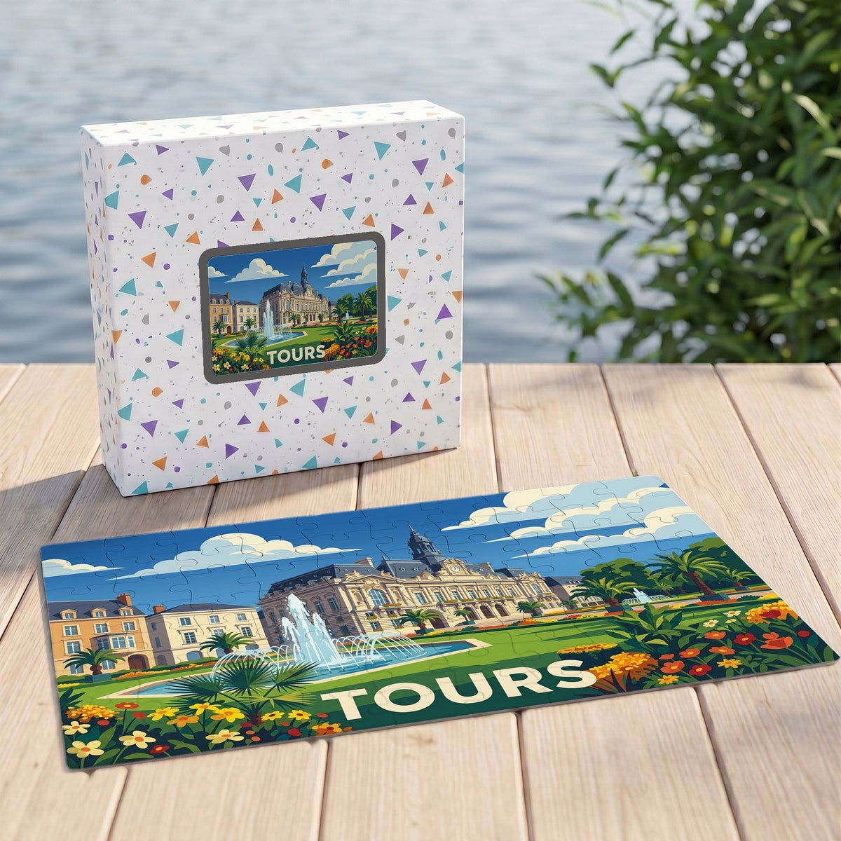 Puzzle souvenir de la ville de Tours avec une illustration stylisée et colorée de son hôtel de ville.