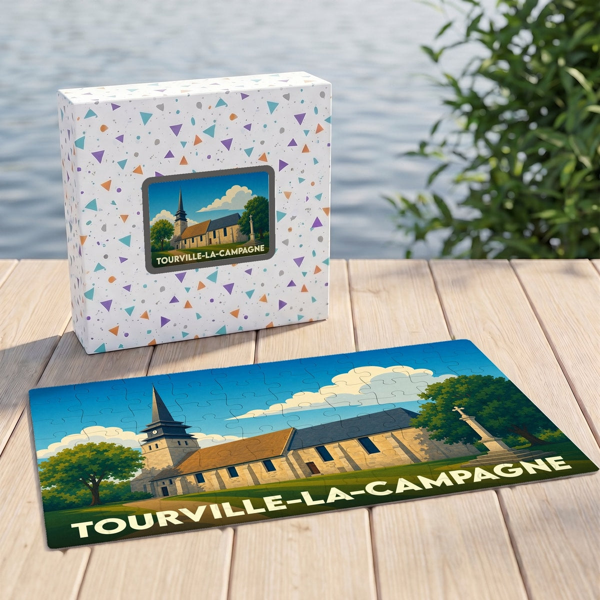 Puzzle souvenir de la ville de Tourville-la-Campagne avec une illustration stylisée de son église.