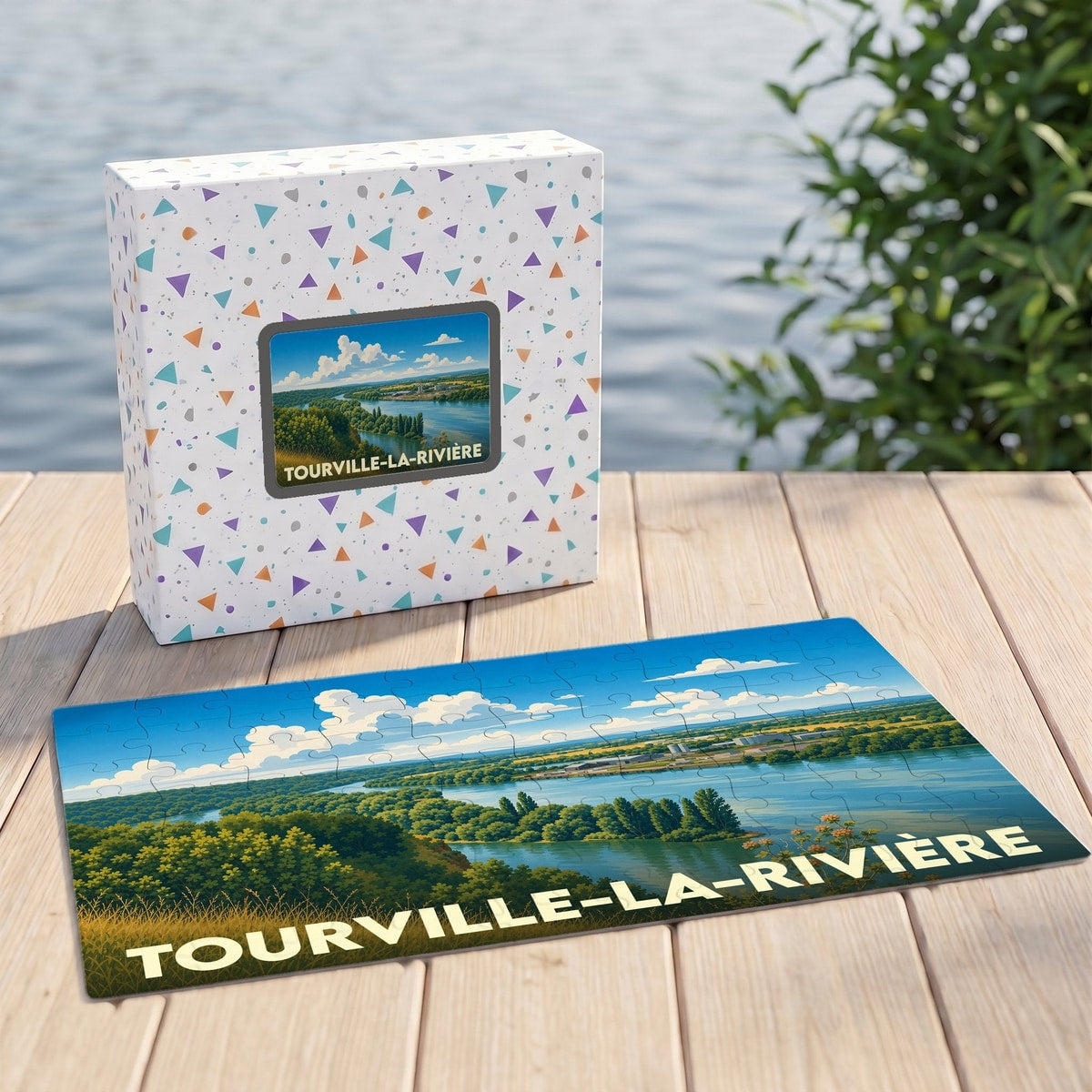 Puzzle souvenir de la ville de Tourville-la-Rivière avec une illustration paysagère stylisée.