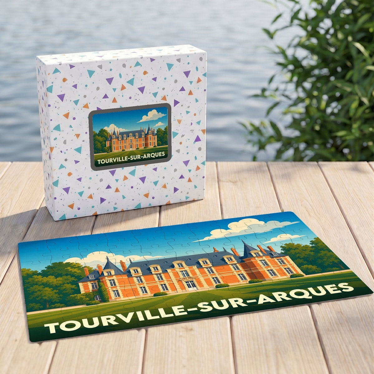 Puzzle souvenir de la ville de Tourville-sur-Arques avec une illustration stylisée de son château.