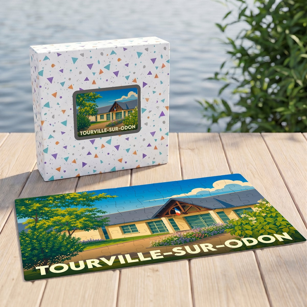 Puzzle souvenir de la ville de Tourville-sur-Odon avec une illustration stylisée et colorée de son paysage.