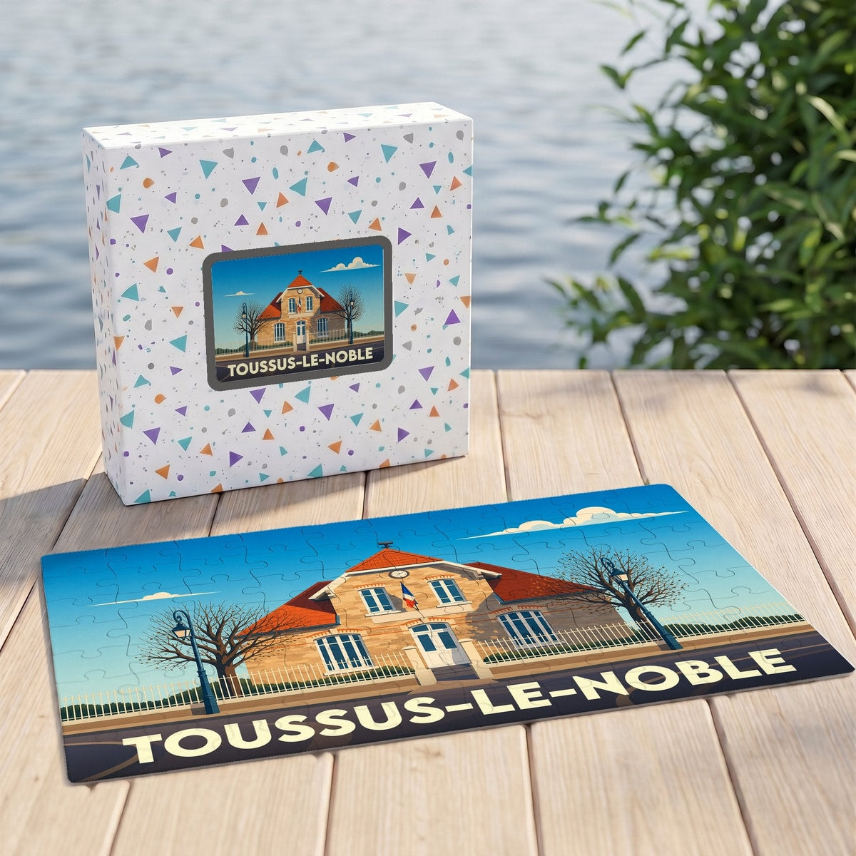 Puzzle souvenir de la ville de Toussus-le-Noble avec une illustration stylisée de sa mairie.
