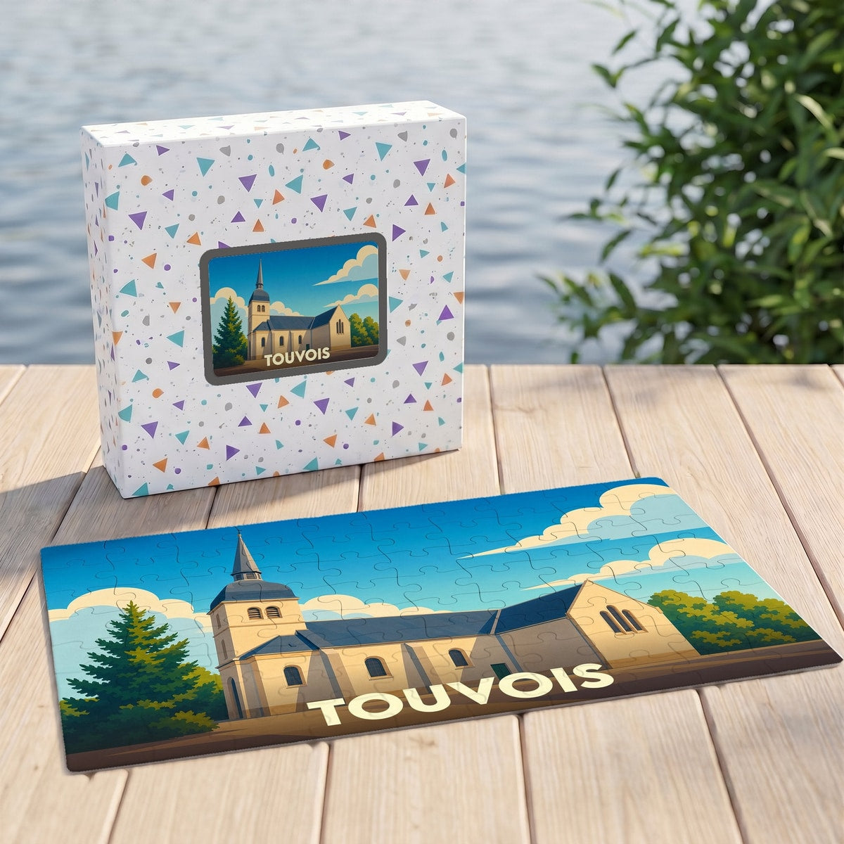 Puzzle souvenir de la ville de Touvois avec une illustration stylisée de son église.