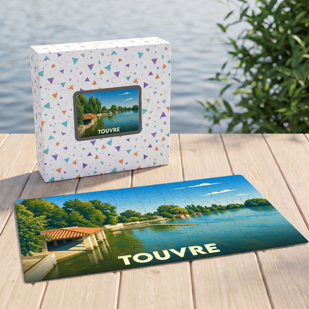 Puzzle souvenir de la ville de Touvre illustrant ses bords de l'eau dans un style rétro.