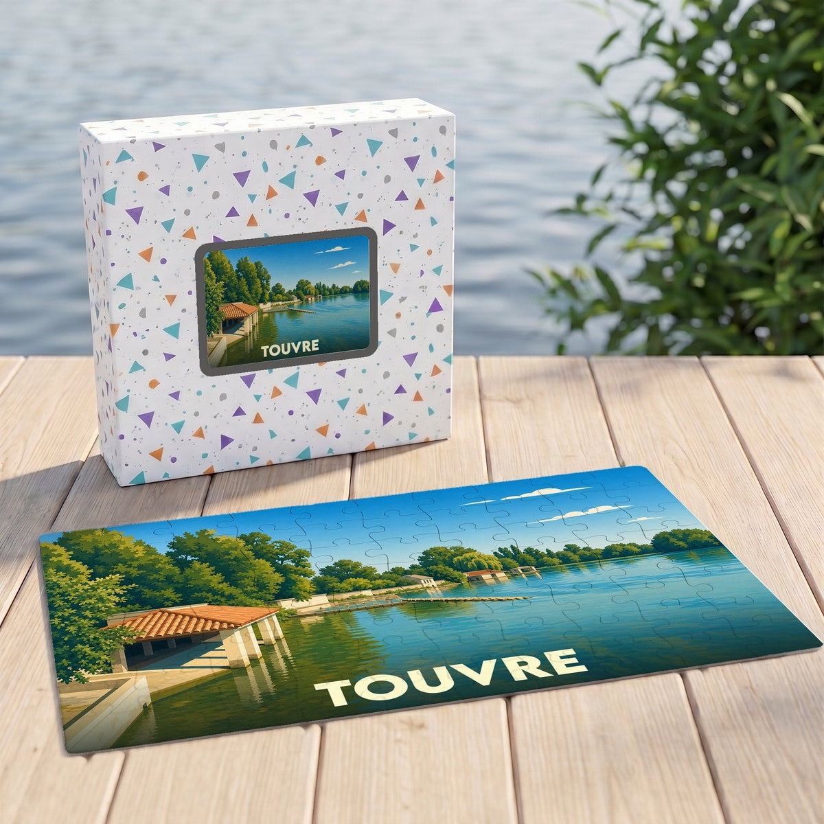Puzzle souvenir de la ville de Touvre illustrant ses bords de l'eau dans un style rétro.