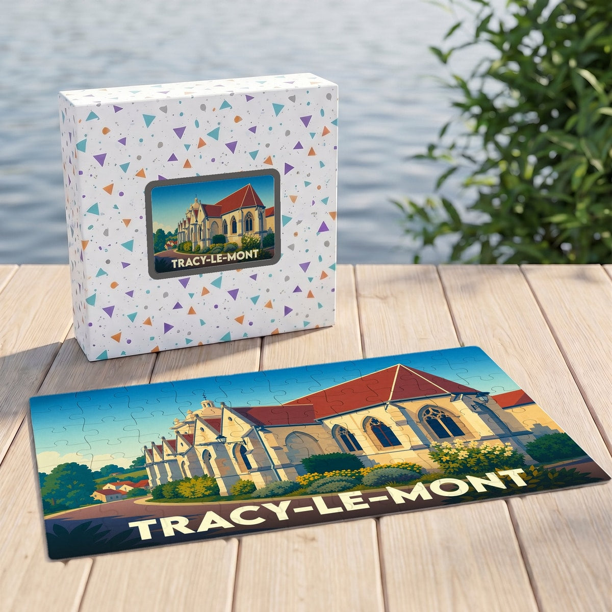 Puzzle souvenir de la ville de Tracy-le-Mont avec une illustration stylisée d'une église.