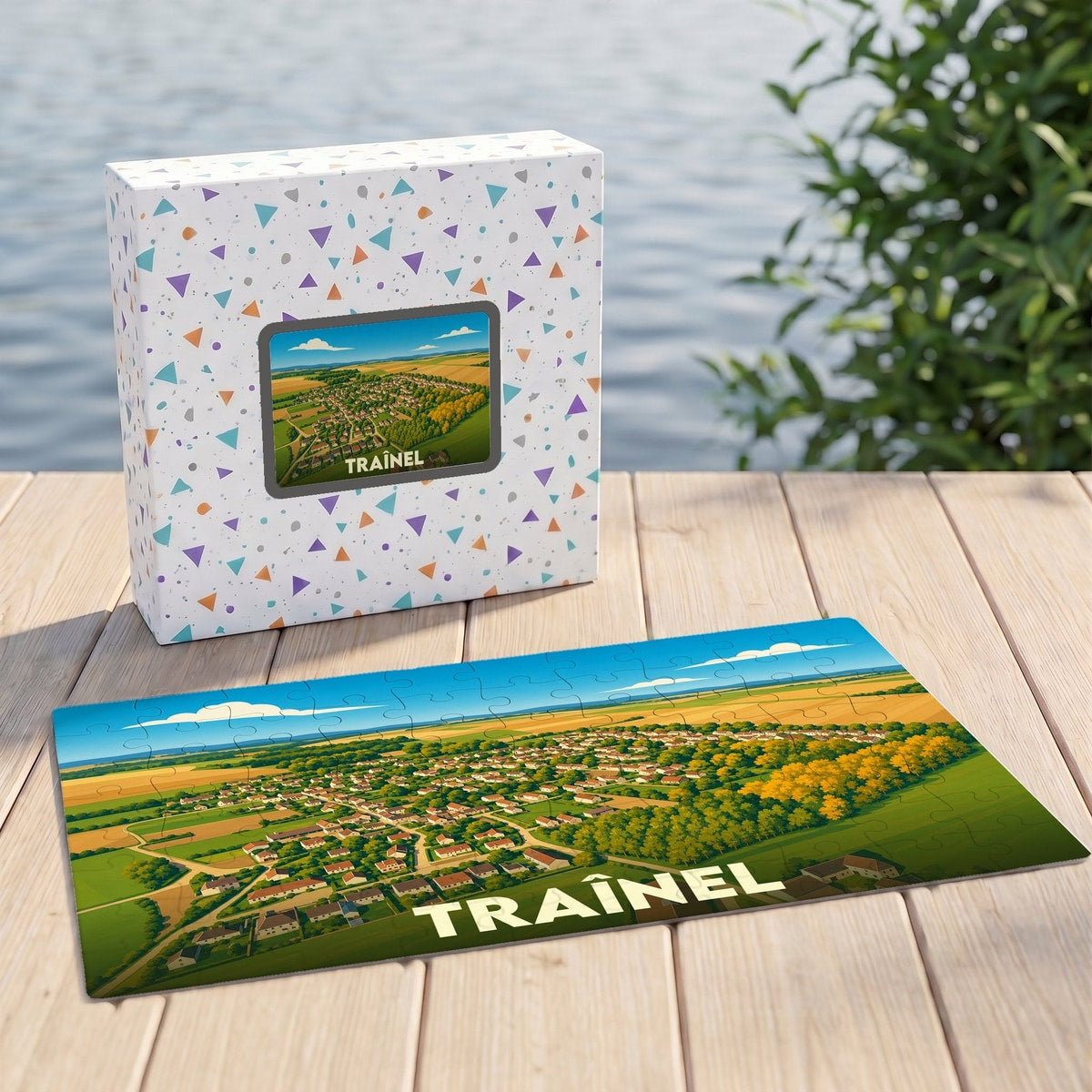 Puzzle souvenir de la ville de Traînel avec une illustration aérienne colorée.