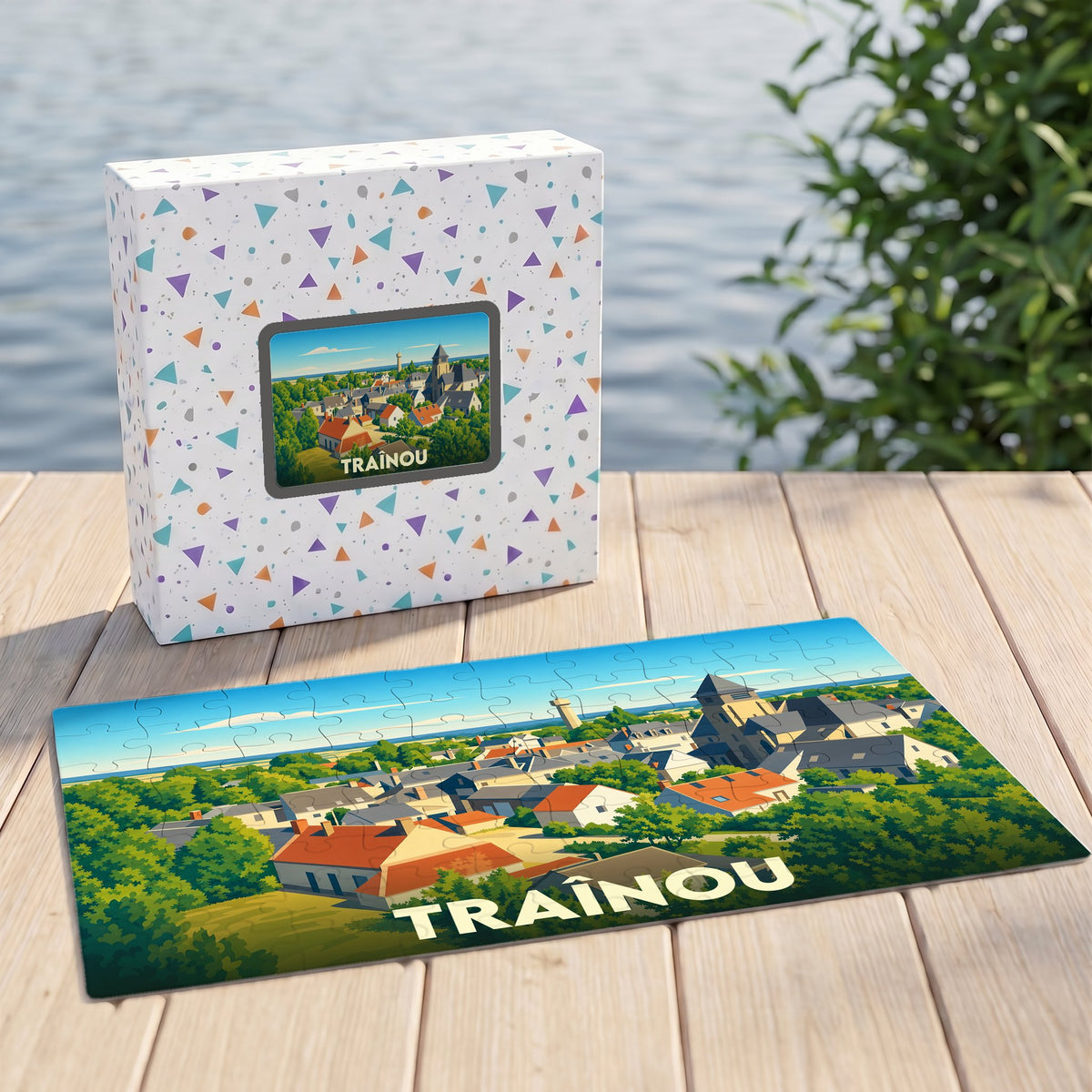 Puzzle souvenir de la ville de Traînou avec une illustration stylisée et colorée.