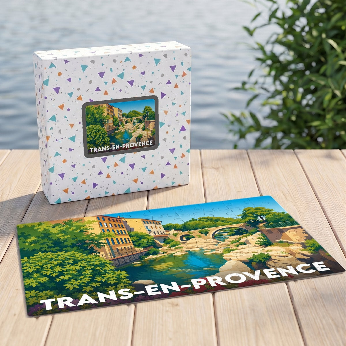 Puzzle souvenir de la ville de Trans-en-Provence avec une illustration colorée et stylisée de ses paysages.
