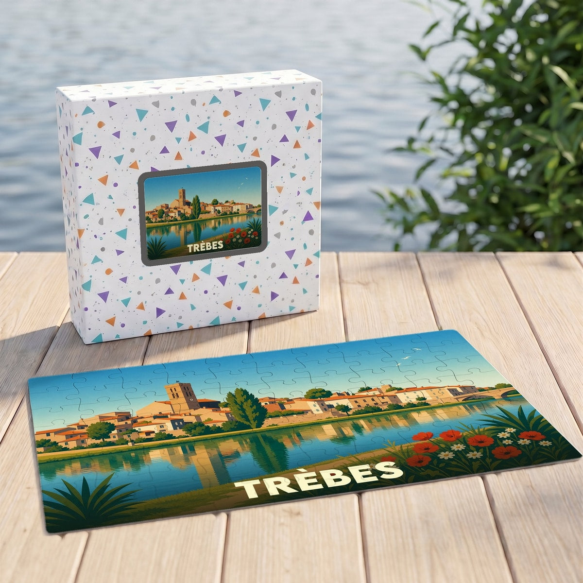 Puzzle souvenir de la ville de Trèbes représentant une illustration colorée des bords du canal.