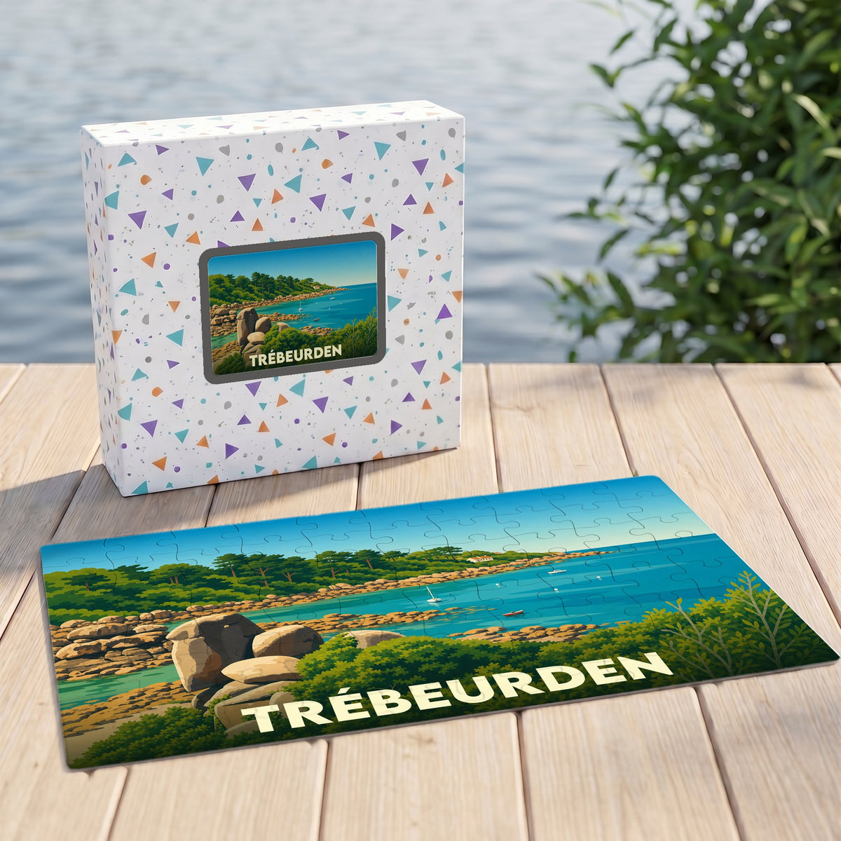 Puzzle souvenir de la ville de Trébeurden avec une illustration stylisée de son bord de mer.