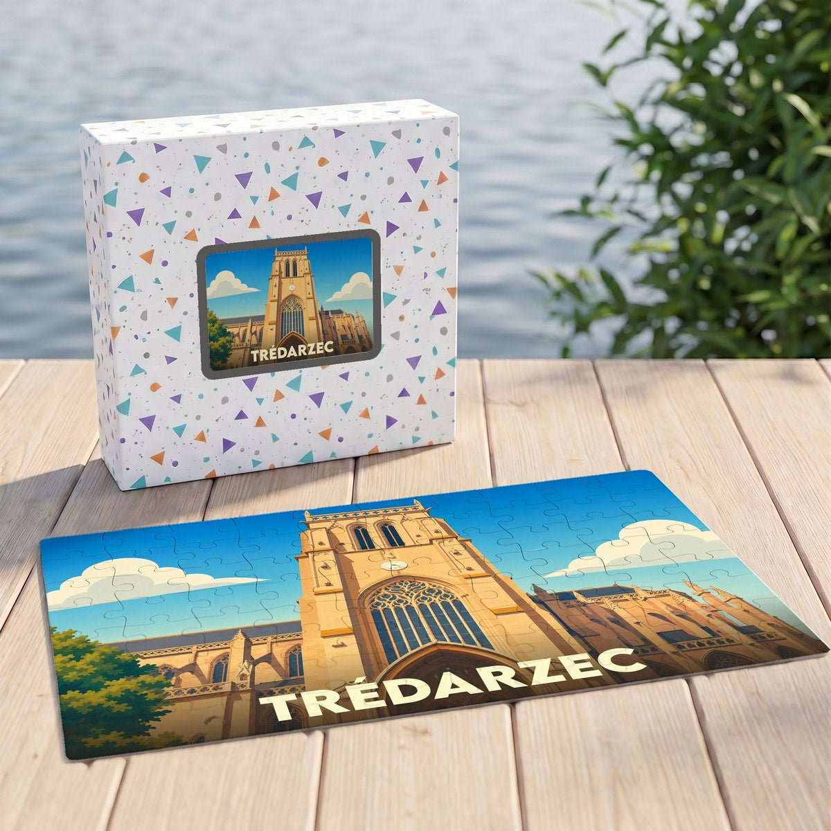 Puzzle souvenir de la ville de Trédarzec avec une illustration stylisée de son église et sa boîte assortie.