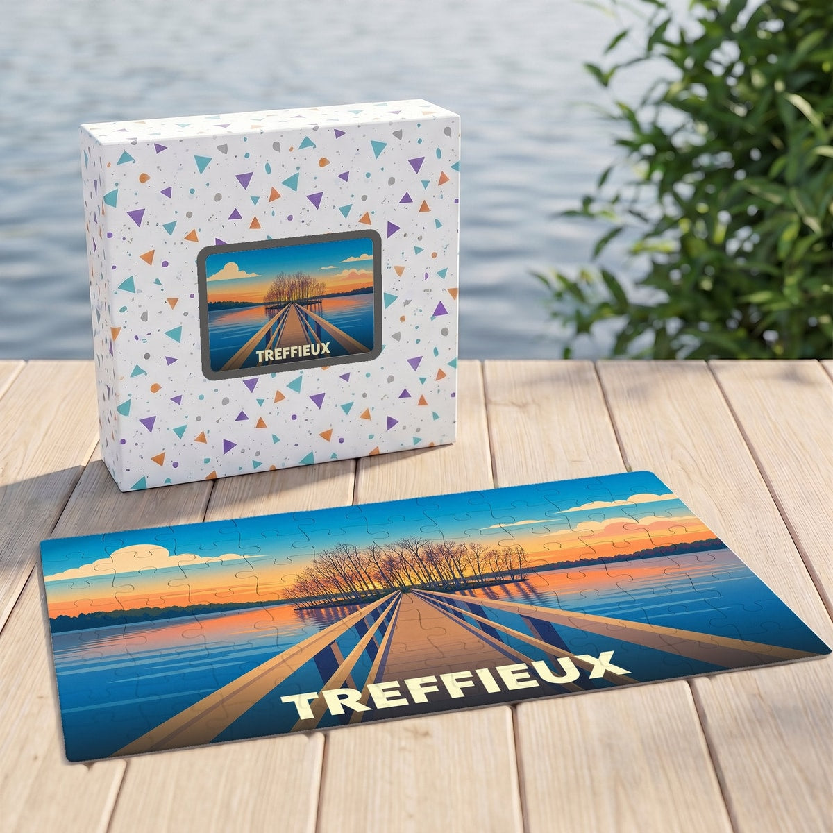 Puzzle souvenir de la ville de Treffieux illustrant un ponton au coucher du soleil dans un style épuré.