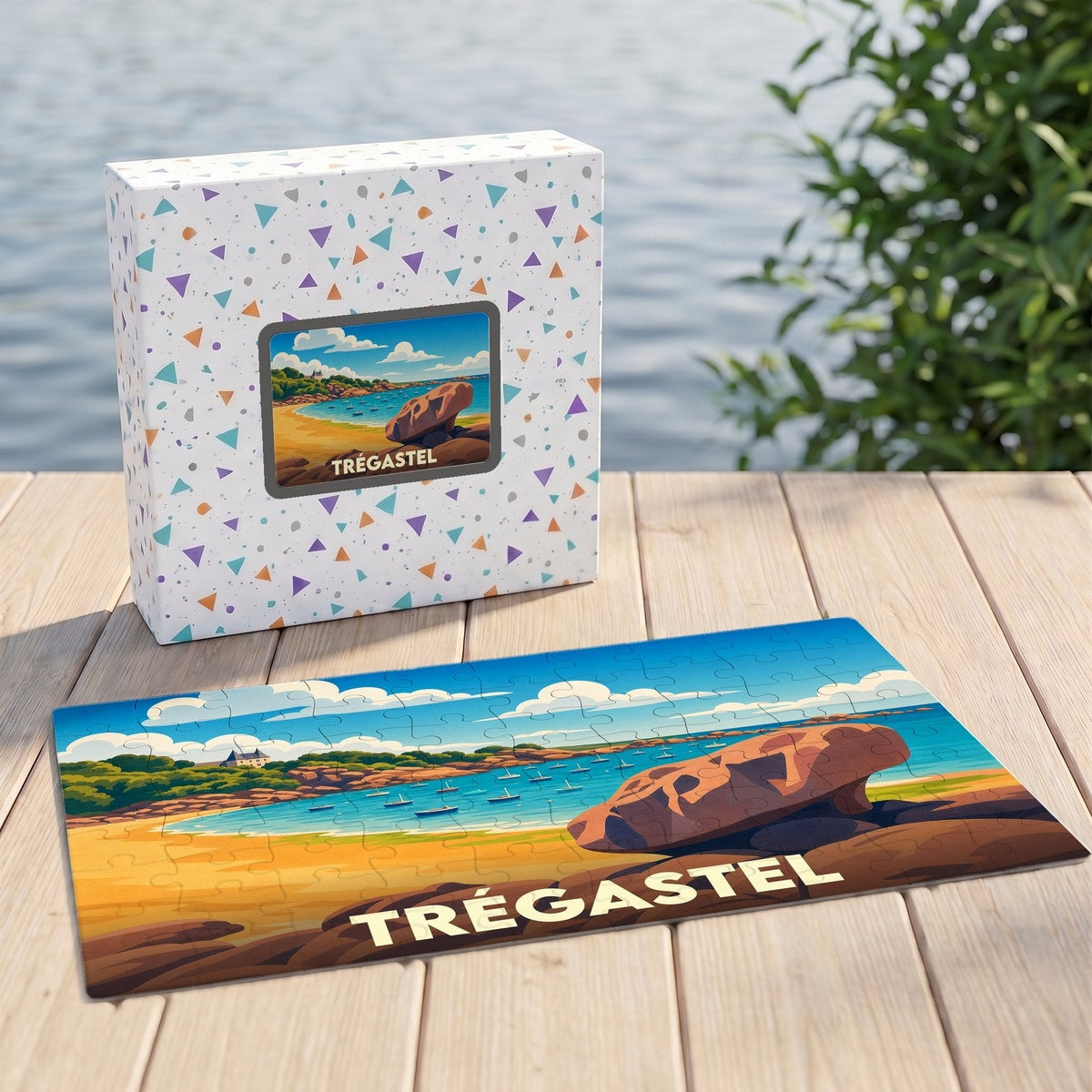 Puzzle souvenir de la ville de Trégastel avec une illustration stylisée de sa côte rocheuse.