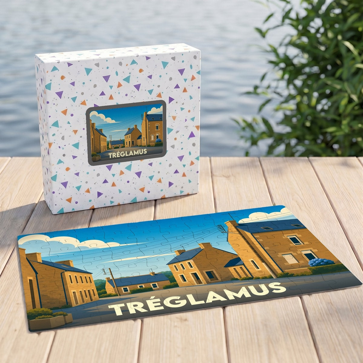 Puzzle souvenir de la ville de Tréglamus avec une illustration stylisée d'un paysage urbain.