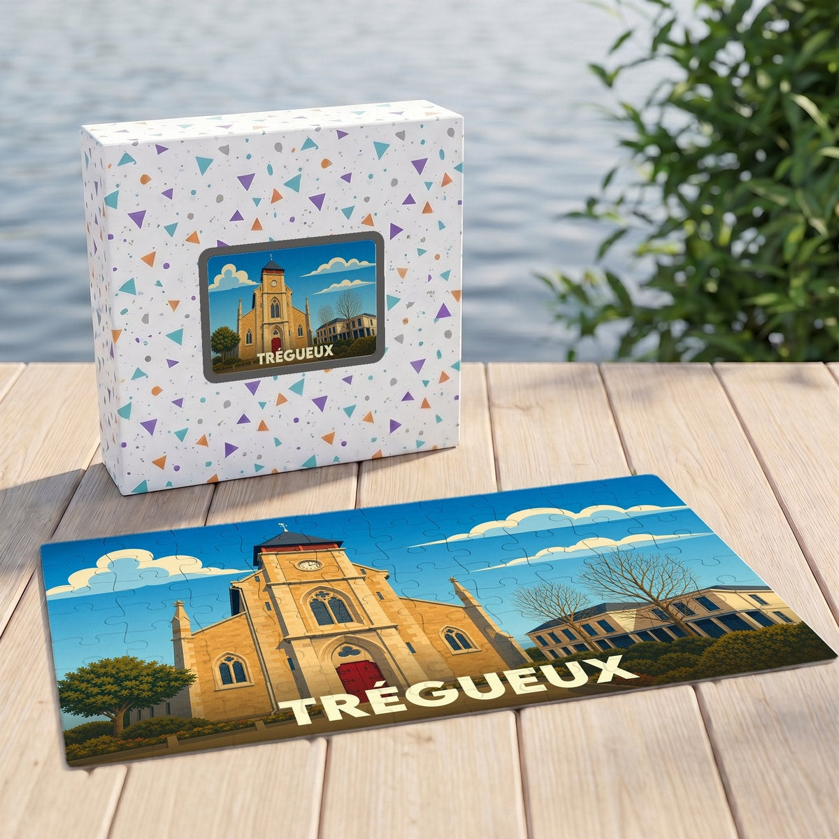 Puzzle souvenir de la ville de Trégueux avec une illustration stylisée d'une église sous un ciel bleu.
