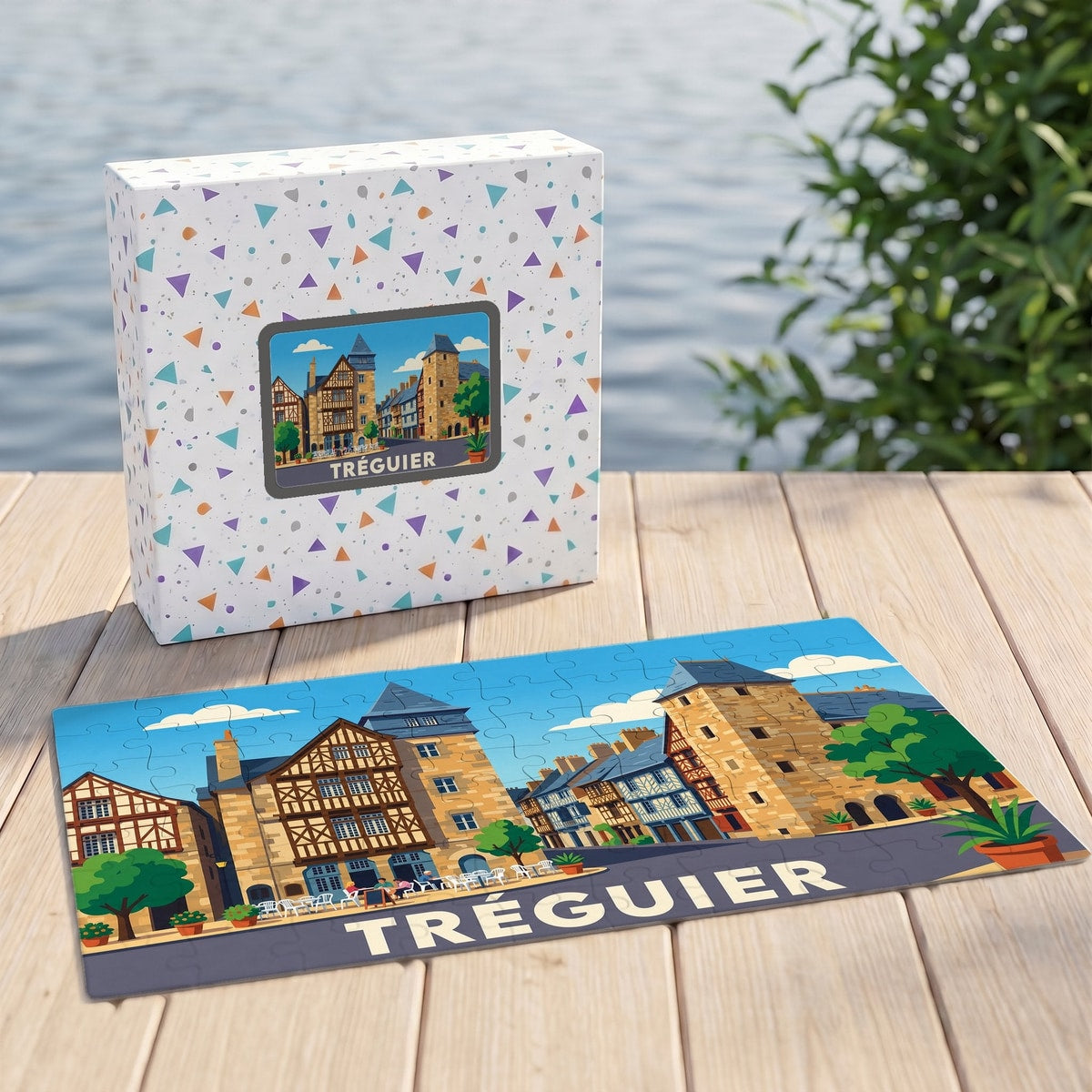 Puzzle souvenir de la ville de Tréguier illustré d'un paysage urbain stylisé et coloré.