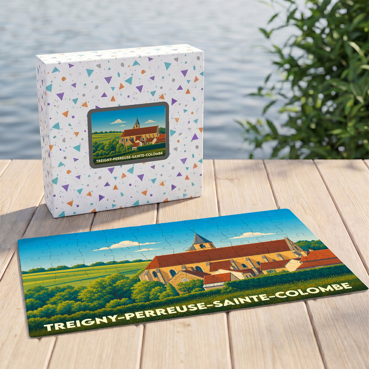 Puzzle souvenir de la commune de Treigny-Perreuse-Sainte-Colombe avec son illustration stylisée et sa boîte assortie.