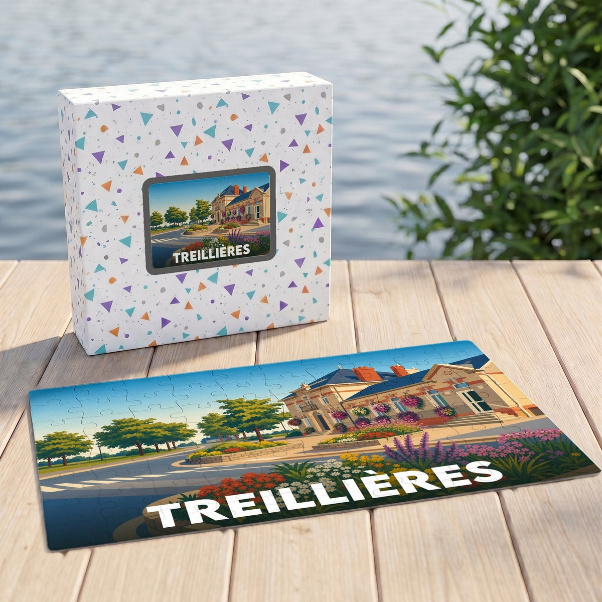 Puzzle souvenir de la ville de Treillières avec une illustration colorée et stylisée.