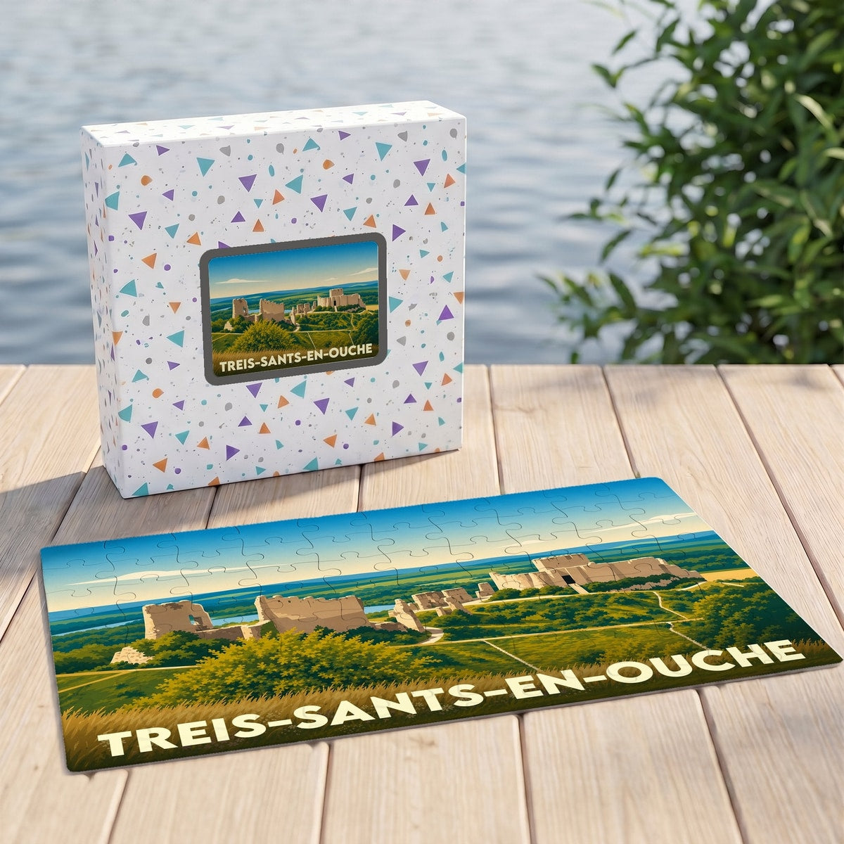 Puzzle souvenir de la ville de Treis-Sants-en-Ouche représentant un paysage de ruines historiques.
