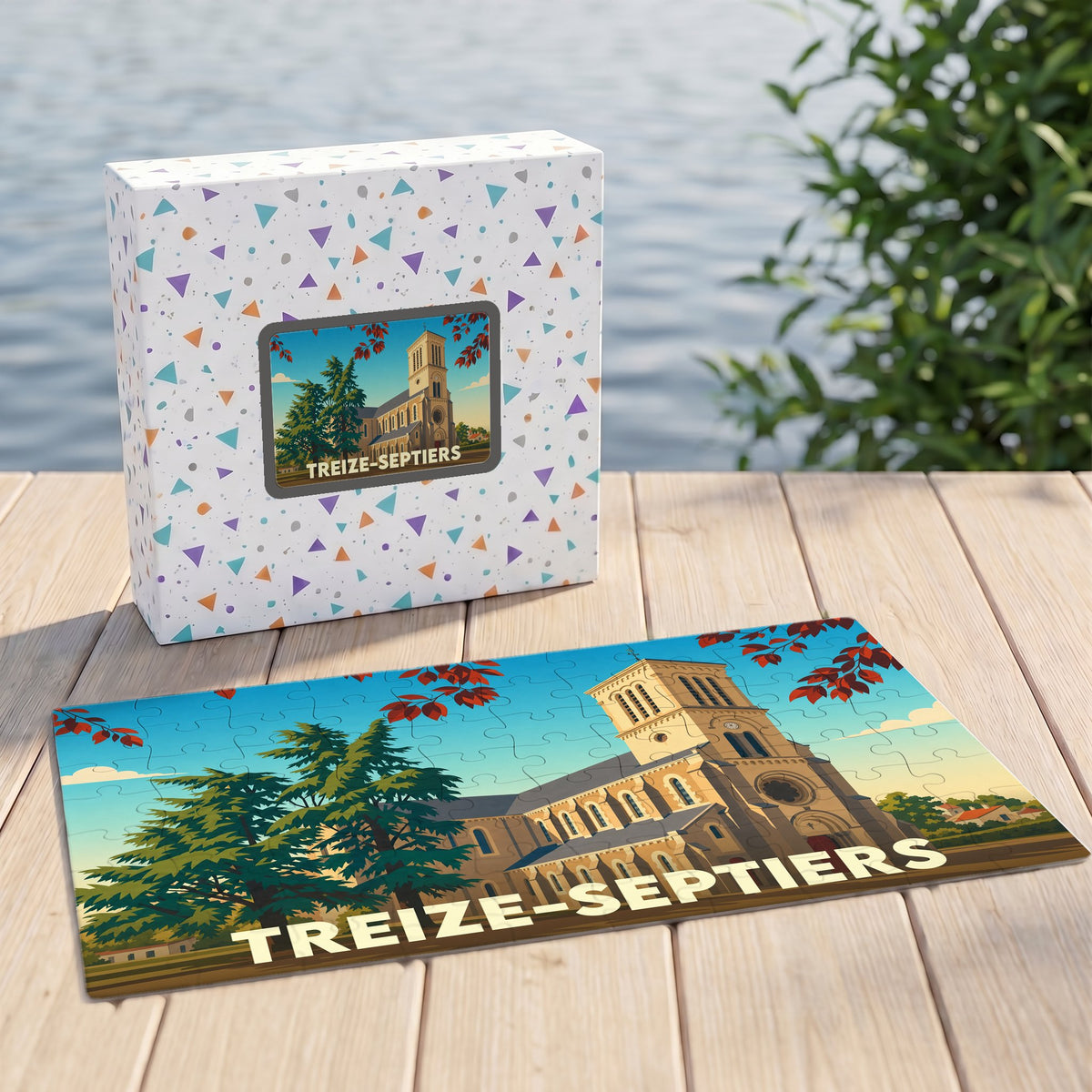 Puzzle souvenir de la ville de Treize-Septiers illustrant son église dans un style graphique rétro.