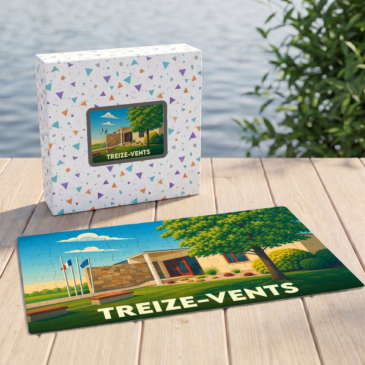 Puzzle souvenir de la ville de Treize-Vents avec une illustration stylisée d'un bâtiment municipal et son coffret assorti.