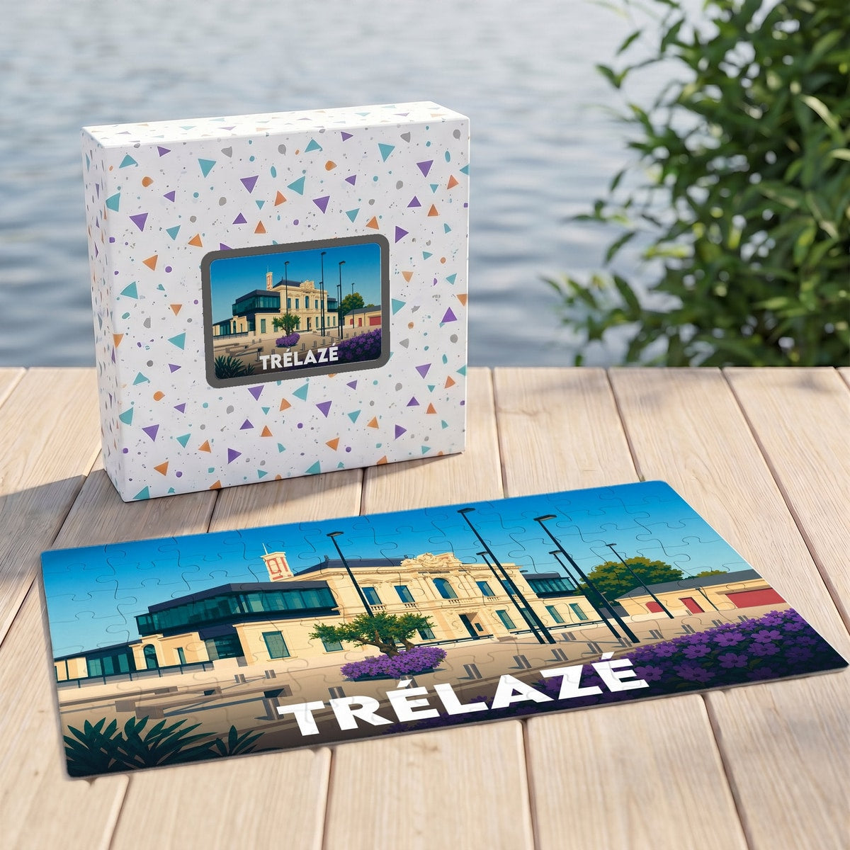 Puzzle souvenir de la ville de Trélazé avec une illustration stylisée et colorée.