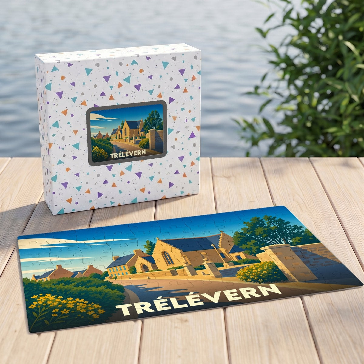 Puzzle souvenir de la ville de Trélévern avec une illustration stylisée d'un village côtier.