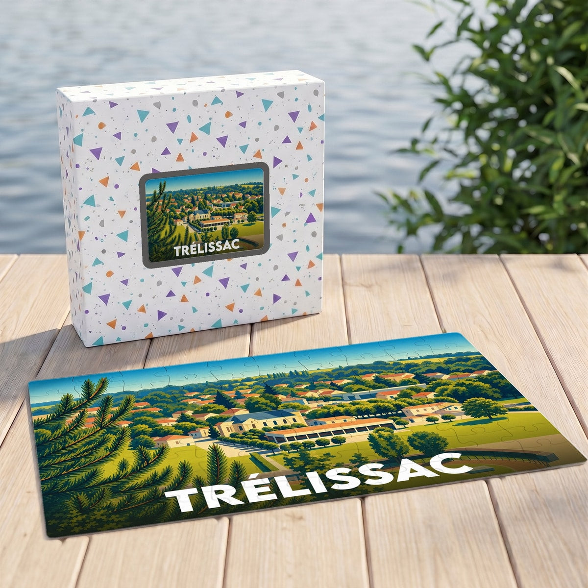 Puzzle souvenir de la ville de Trélissac avec une illustration stylisée et colorée du paysage urbain.