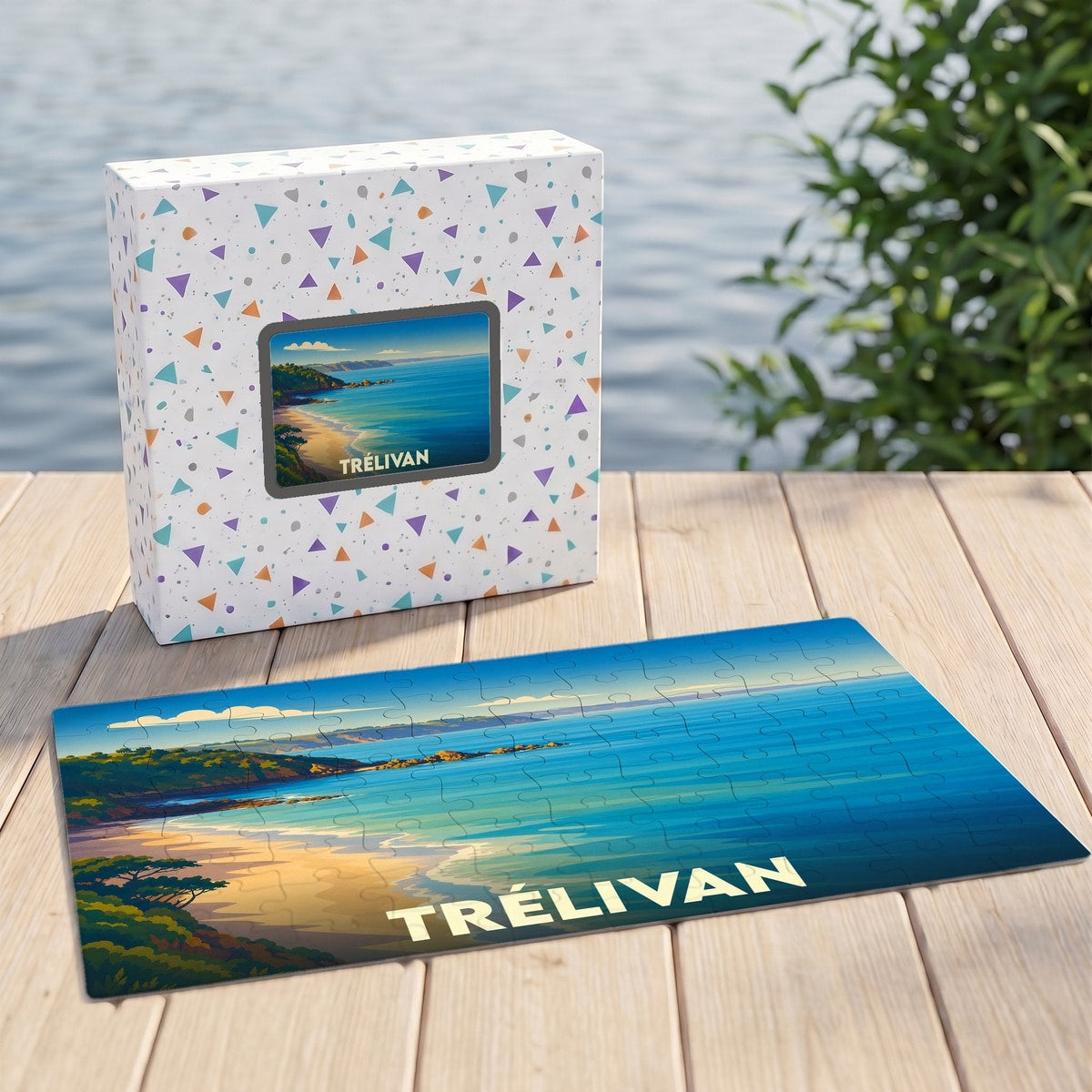 Puzzle souvenir de la ville de Trélivan illustrant un paysage côtier ensoleillé.