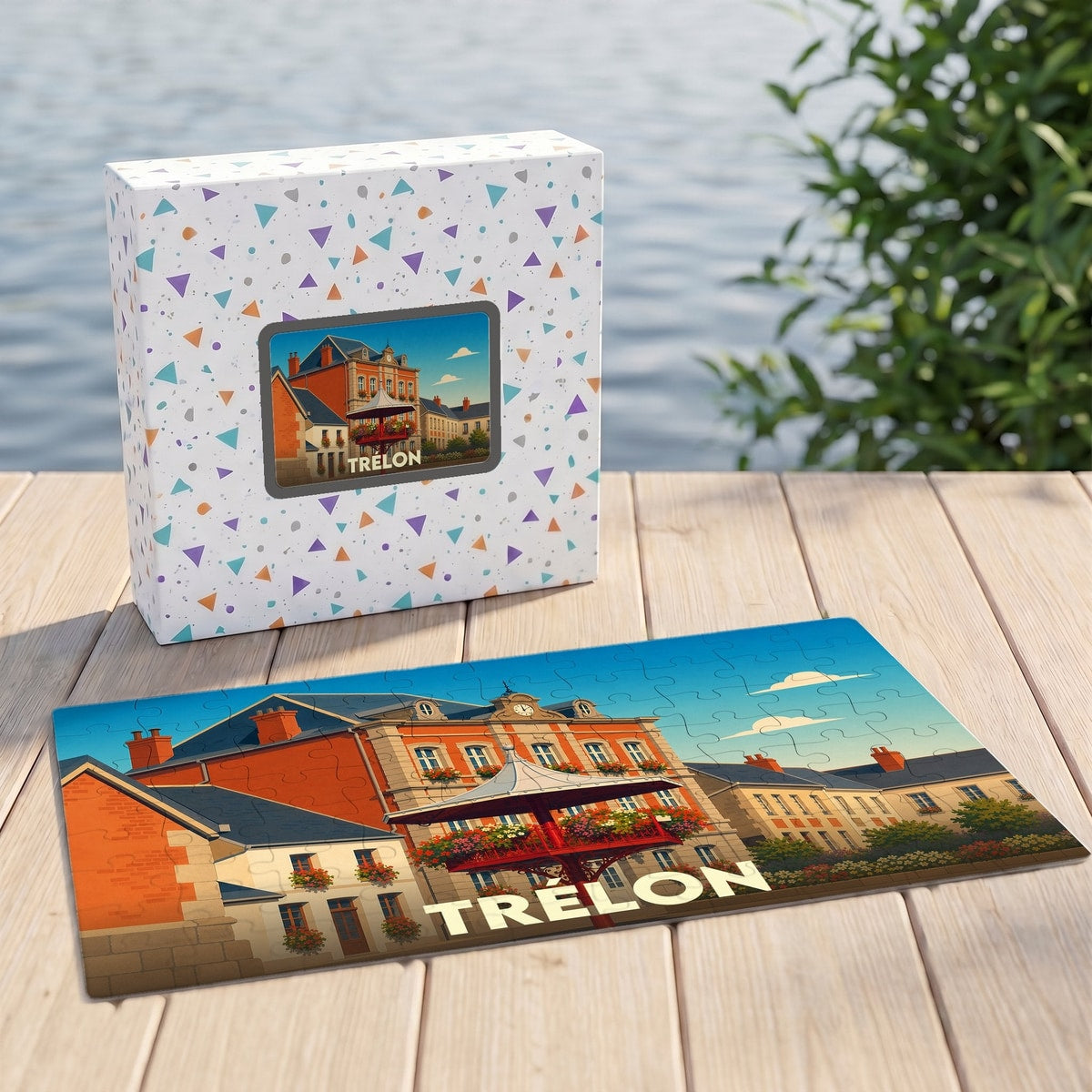 Puzzle souvenir de la ville de Trélon avec une illustration stylisée et sa boîte assortie.