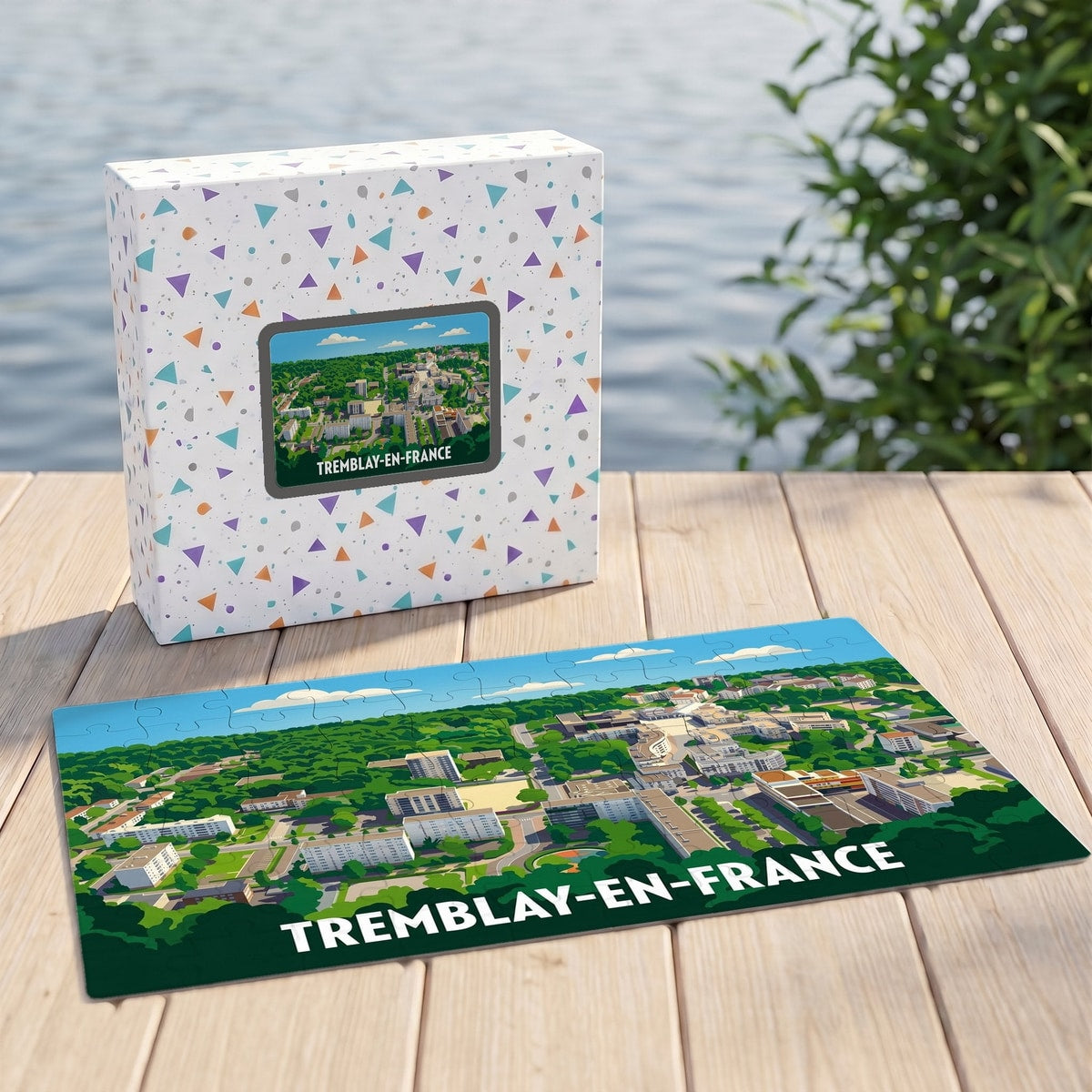 Puzzle souvenir de la ville de Tremblay-en-France avec une illustration aérienne colorée et stylisée.