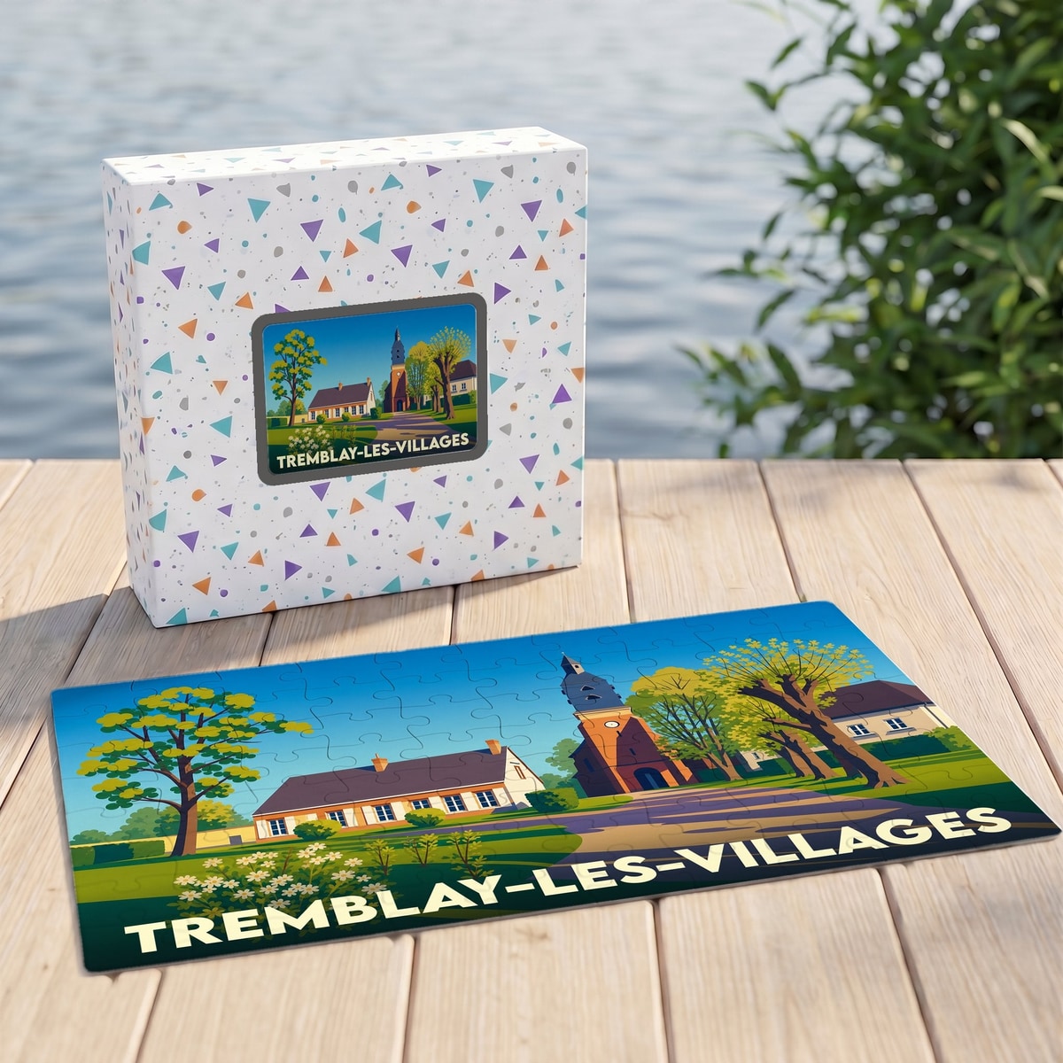 Puzzle souvenir de la ville de Tremblay-les-Villages avec une illustration stylisée et colorée.