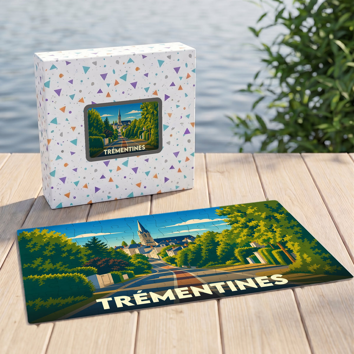 Puzzle souvenir de la ville de Trémentines avec une illustration stylisée et colorée.