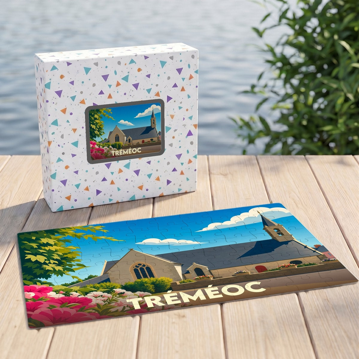 Puzzle souvenir de la ville de Tréméoc avec une illustration stylisée de son église fleurie.