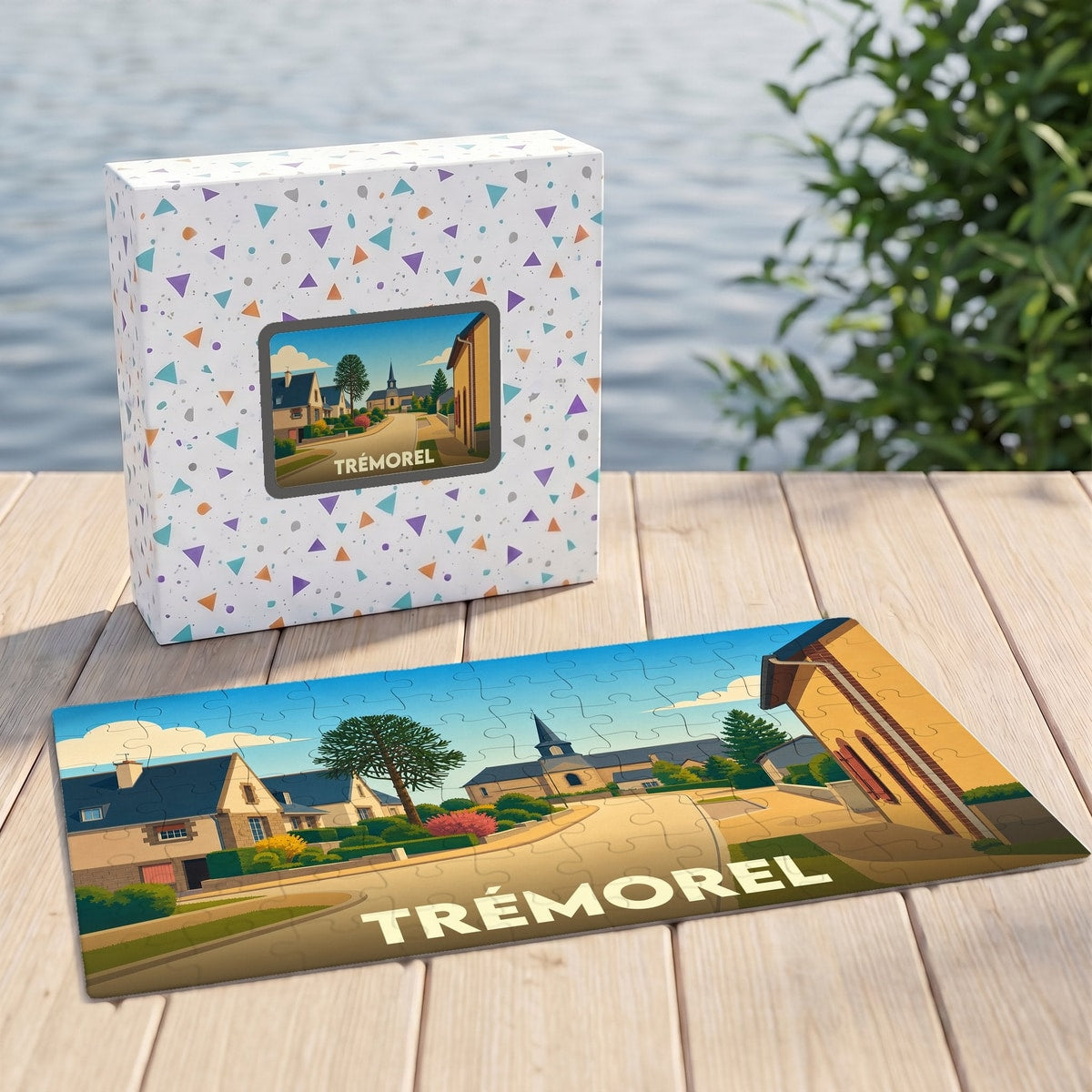 Puzzle souvenir de la ville de Trémorel avec une illustration stylisée d'un paysage urbain.