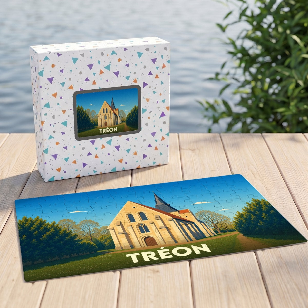 Puzzle souvenir de la ville de Tréon illustrant son église dans un style graphique épuré.